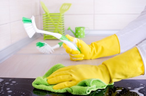Post-construction cleaning of a Streatham kitchen with residue removed from cabinets and worktops